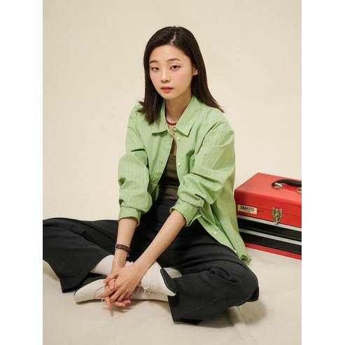빈폴레이디스 25SS 포플린 스트라이프 오버핏 셔츠 - 애플그린 BF5264C02K