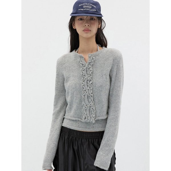 RUFFLE WOOL KNIT CARDIGAN SET MELANGE GREY
