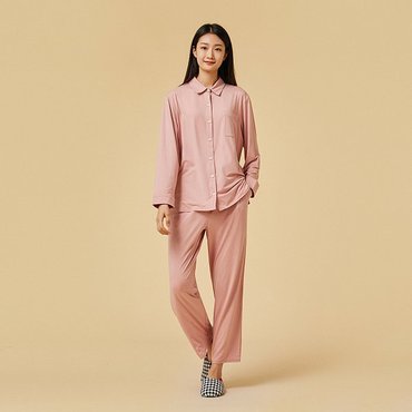 JAJU (이월슬립)여 라이트 보드라운 피치스킨 컬러 파자마 세트-핑크