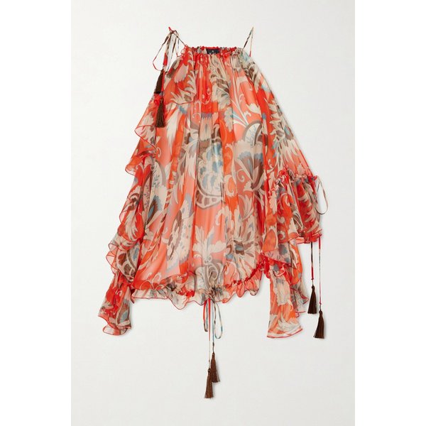 오프숄더 어시메트릭 태슬 러플 실크 시폰 블라우스 46376663163022211