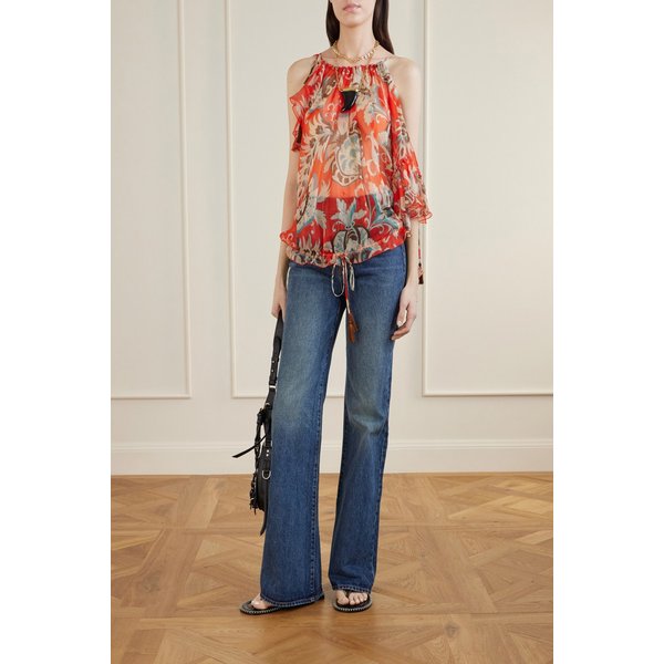 오프숄더 어시메트릭 태슬 러플 실크 시폰 블라우스 46376663163022211