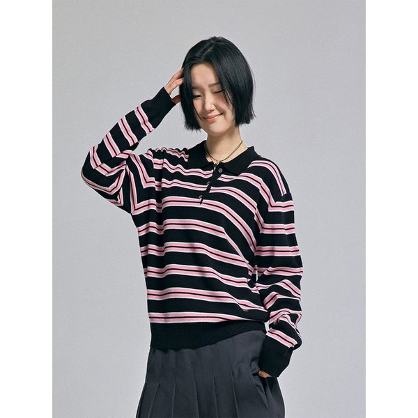 멀티 스트라이프 카라 니트 블랙