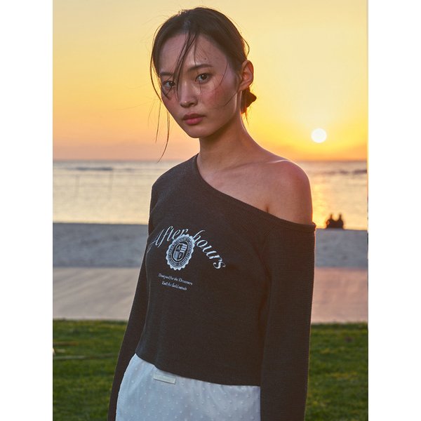 GRAPHIC ONE SHOULDER WAFFLE TOP (CHARCOAL)