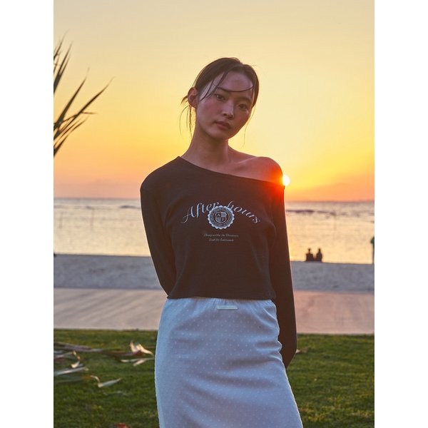 GRAPHIC ONE SHOULDER WAFFLE TOP (CHARCOAL)