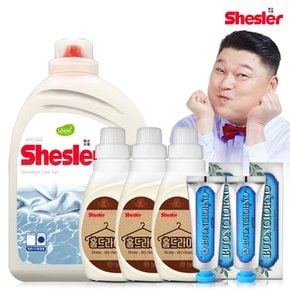 강호동의 쉬슬러 액상 세제 센스티브 3.05L 1개+홈드라이전용 650ml 3개+치석케어 치약 100g 2개.