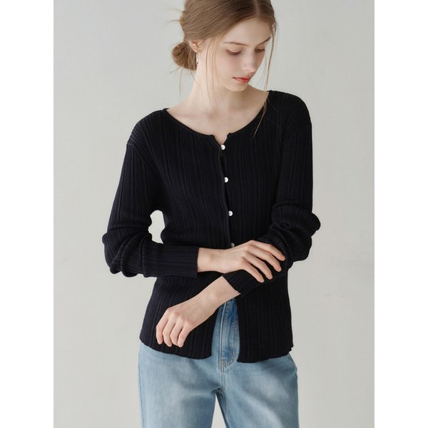 Slim Boat-neck Ribbed Cardigan Black AT6CDA009BK