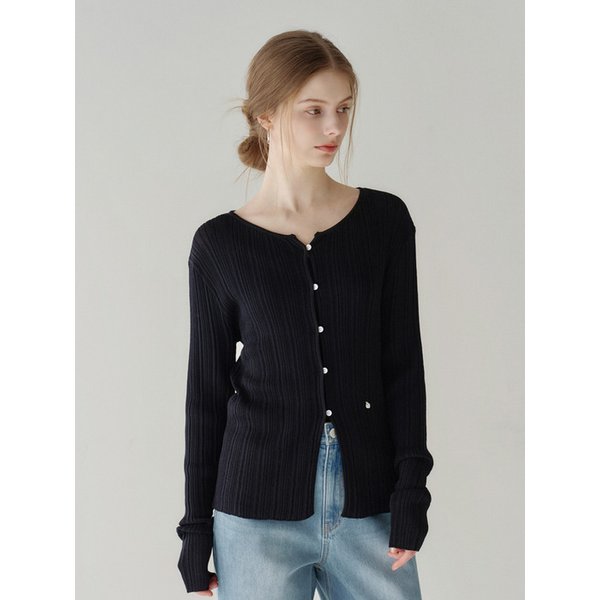Slim Boat-neck Ribbed Cardigan Black AT6CDA009BK