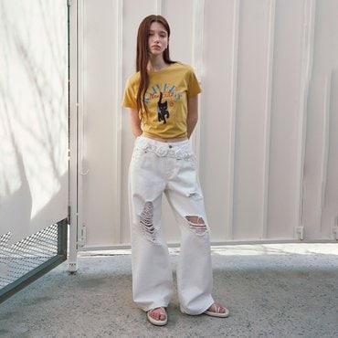 레이브 Destroyed Color Denim Pants in White VJ4ML172-01