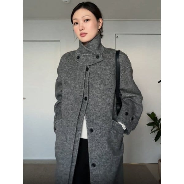 비조 더블 브레스티드 핸드메이드 롱 코트 차콜 L291