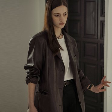 틸아이다이 Faux leather classic three button single jacket_Brown