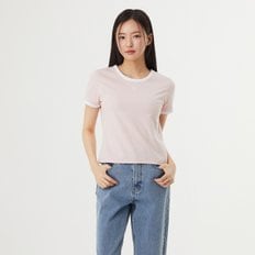 [BEIGE]라운드넥 배색 슬림 반팔 티셔츠 (PR7CH305)