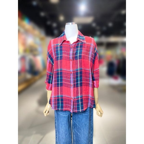 [여주점] 자수 커프스 린넨 체크 블라우스 (BABL51531)