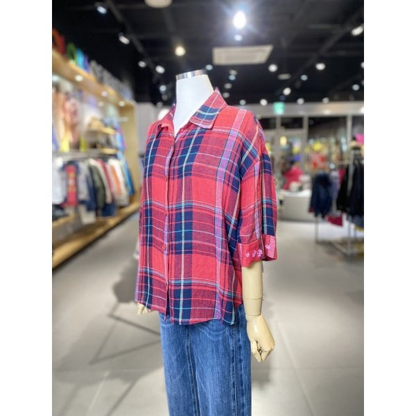 [여주점] 자수 커프스 린넨 체크 블라우스 (BABL51531)