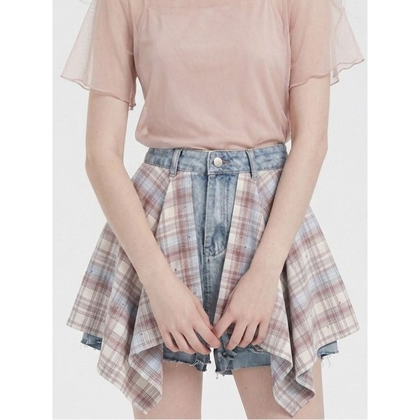 [PRE- FALL] Natti Layered Check Denim Short Pants PinkBlue