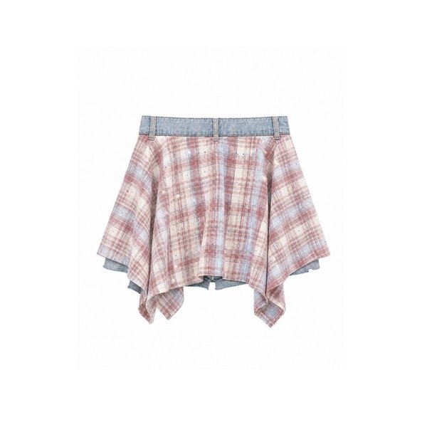 [PRE- FALL] Natti Layered Check Denim Short Pants PinkBlue