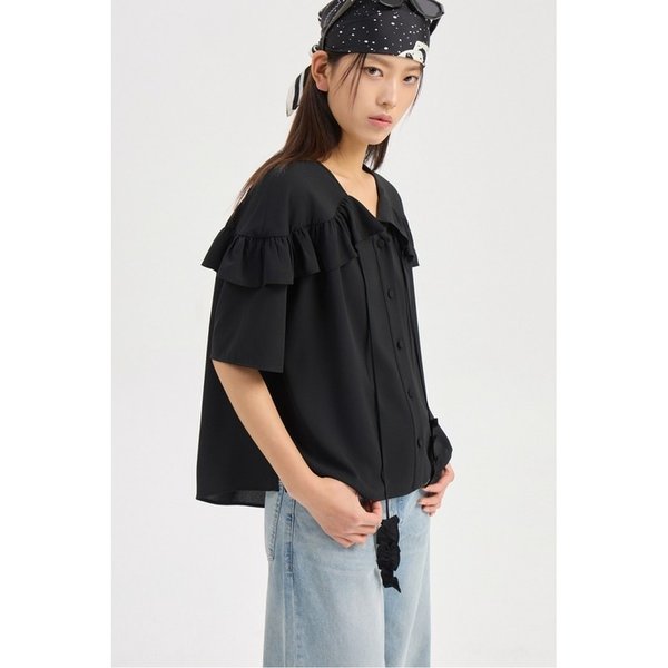 Ruffle Point Poly Short Sleeve Blouse (black) LFSAM26420BKX