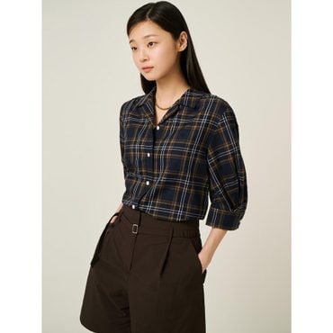 빈폴레이디스 체크 7부 볼륨소매 셔츠형 블라우스  네이비 (BF5764C51R)