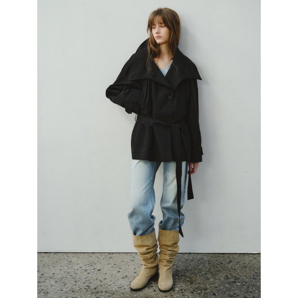 Linen Blend High-neck Half Trench Coat_CTO152(Black)