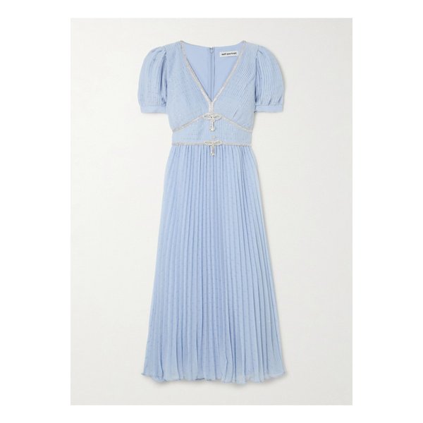 크리스털 장식 메탈릭 필 쿠페 플리세 시폰 미디 드레스 블루 1647597338857085