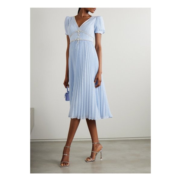 크리스털 장식 메탈릭 필 쿠페 플리세 시폰 미디 드레스 블루 1647597338857085