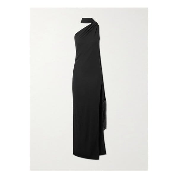 다시 원숄더 프린지 타이 디테일 스트레치 니트 가운 블랙 46376663162975950