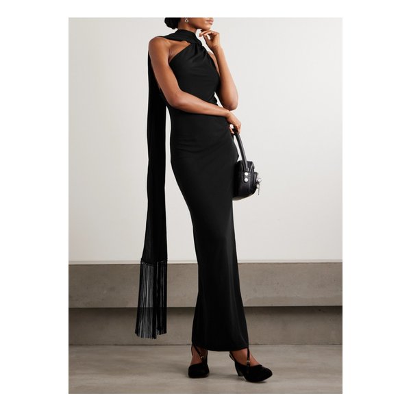 다시 원숄더 프린지 타이 디테일 스트레치 니트 가운 블랙 46376663162975950