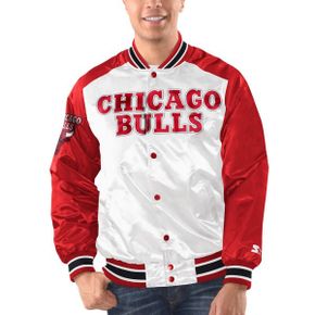 4641491 STARTER Mens Starter White/Red Chicago Bulls Renegade Satin Full-Snap Varsity Jack