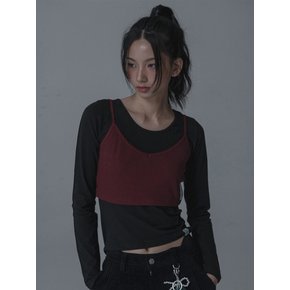 PINTUCK SLEEVE TSHIRT+PINCOAT RIBBON BUSTIER SET_BLACK WINE