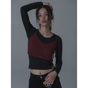 PINTUCK SLEEVE TSHIRT+PINCOAT RIBBON BUSTIER SET_BLACK WINE