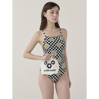 위드스윔 블랙 체크 미들컷 더블엑스백 여자 강습용 실내원피스수영복