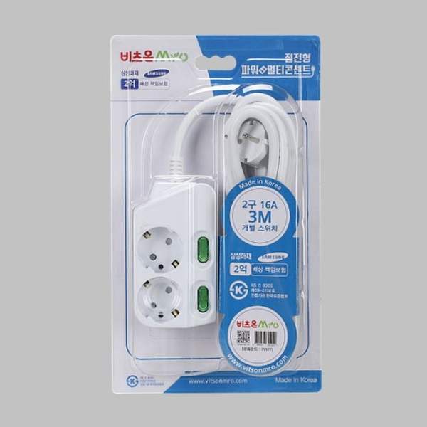 확대된 대표 멀티탭 개별 스위치 브리스터 2구 3호 3M 16A KS