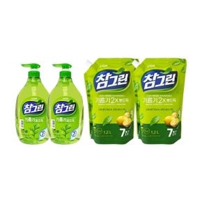 참그린 주방세제 녹차 기름기 뽀드득 용기 1kg x2 + 리필 1.2L x2