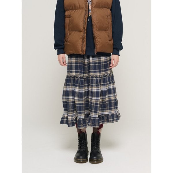 체크 티어드 밴딩 롱 스커트 (네이비)