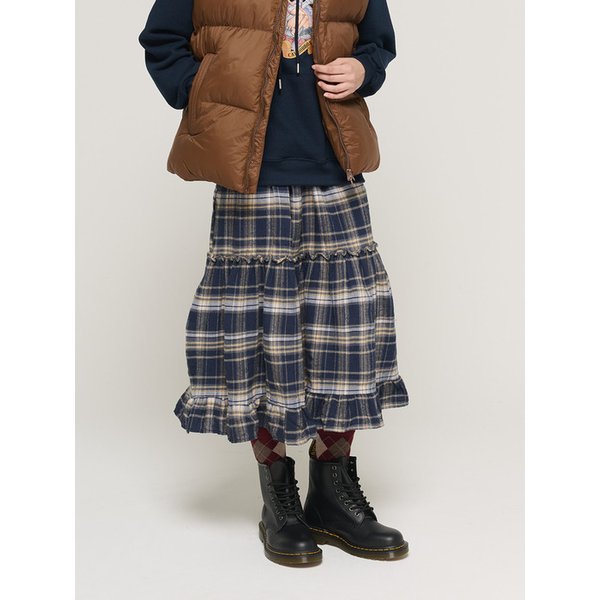 체크 티어드 밴딩 롱 스커트 (네이비)