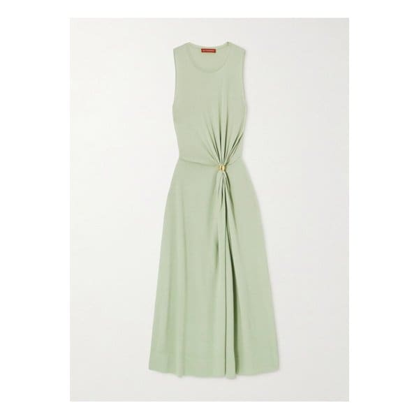 사랄리엔 장식 개더 스트레치 니트 미디 드레스 그린 1647597357812748