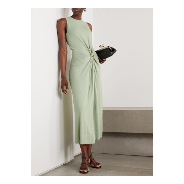 사랄리엔 장식 개더 스트레치 니트 미디 드레스 그린 1647597357812748