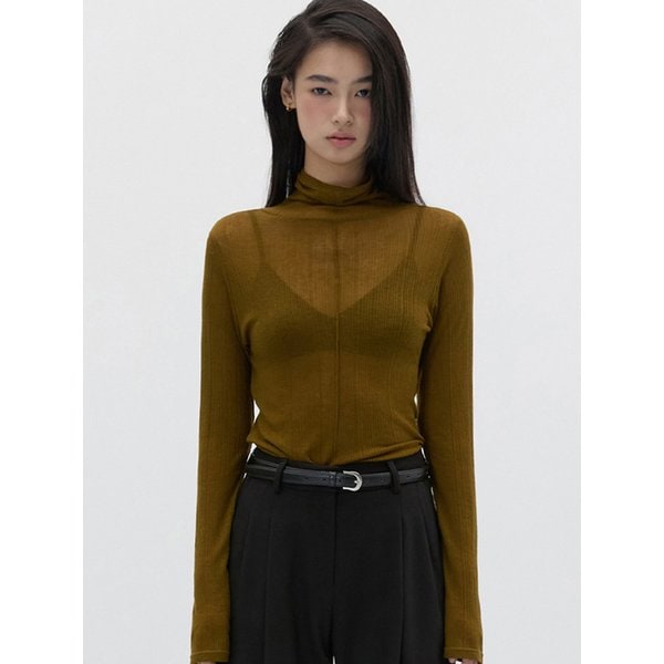 SHEER WOOL TURTLENECK TOP KHAKI OLIVE