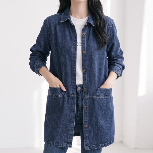 NC519 캐주얼 포켓 카라 롱 데님 자켓
