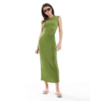 이스퀘어 4883429 Mango cap sleeve texture midi dress in green