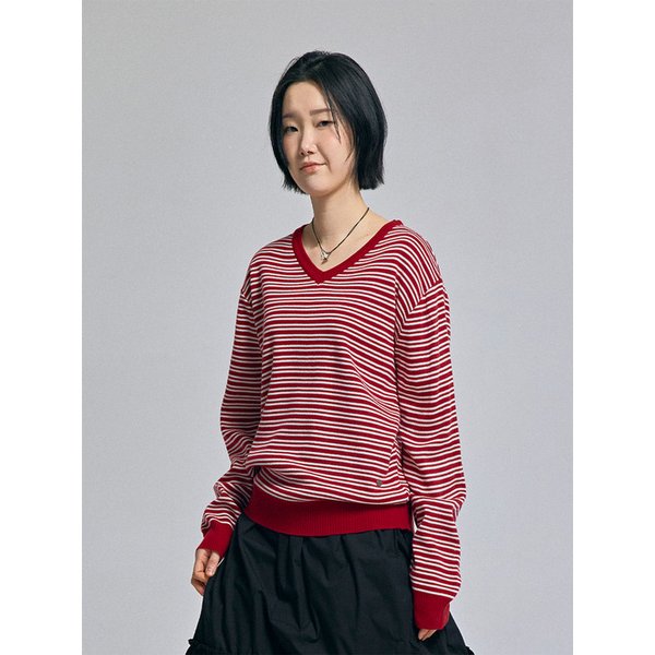 클래식(스트라이프)브이넥 니트 버건디