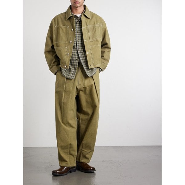 러시 와이드 레그 플리츠 코튼 캔버스 팬츠 46376663162970678