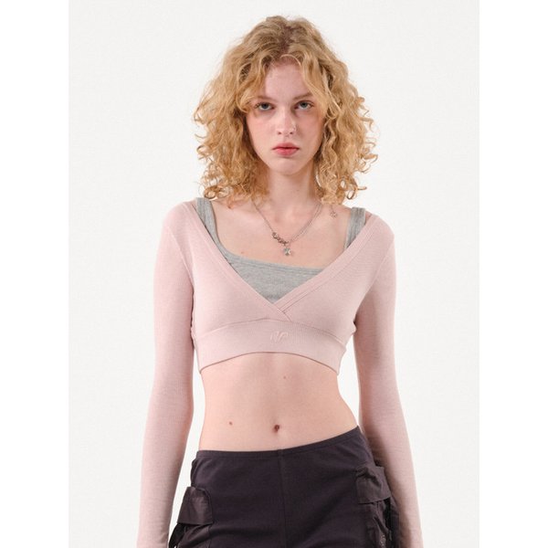 Deep V-neck Ribbed T-shirt (Light Pink)