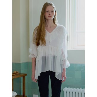 모어댄라이크 CHIFFON LACE FRILL BLOUSE - IVORY