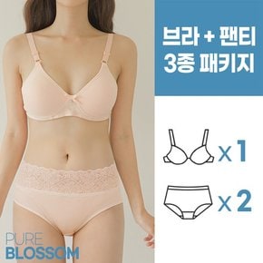 스벅 쿠폰 증정 [퓨어블라썸] [3종세트] 소프트 노와이어 볼륨업 브라1+레이스2 팬티 세트/빅사이즈