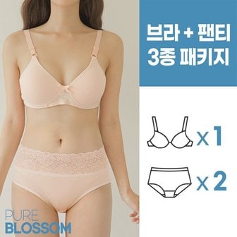  스벅 쿠폰 증정 [퓨어블라썸] [3종세트] 소프트 노와이어 볼륨업 브라1+레이스2 팬티 세트/빅사이즈