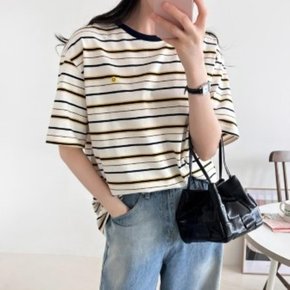 여자 데일리 스마일 스트라이프 루즈핏 반팔 티셔츠_5