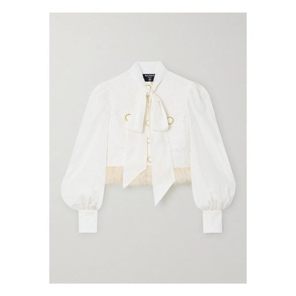 푸시보우 깃털 장식 실크 및 메탈릭 코튼 혼방 트위드 재킷 화이트 1647597336762250