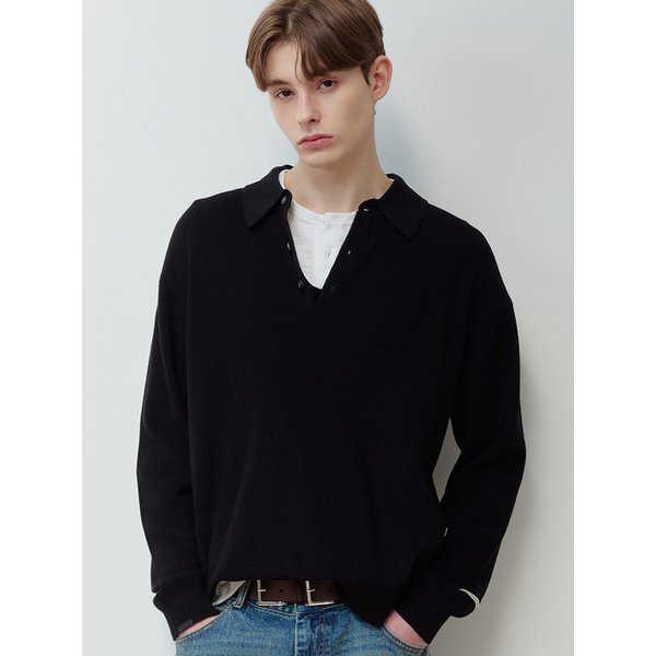 ESSENTIAL COLLAR BUTTON KNIT BK
