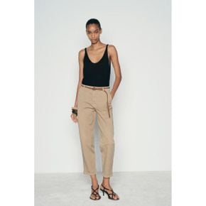 우먼 ZARA 자라 치노 트라우저스 바지 팬츠 브레이디드 벨트 - 컬러   Mid-camel 8709649