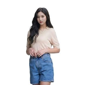 골피아 LX21SNT4W_PBE 여성 클래식 오픈 카라 반팔 니트 셔츠 스포티 라운딩룩